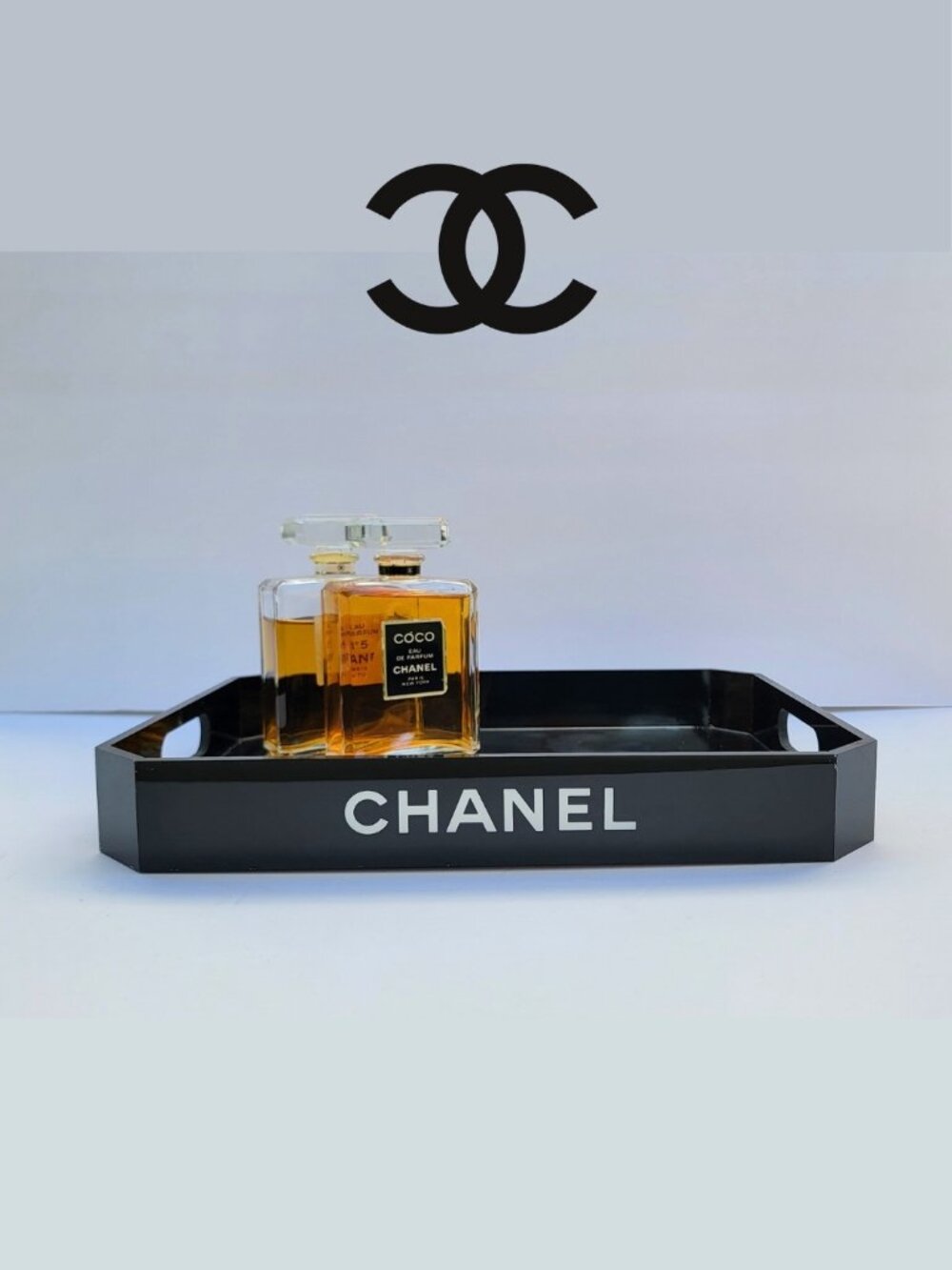 Authetic CHANEL black acrylic tray, mirror surface, handles for vanity display
